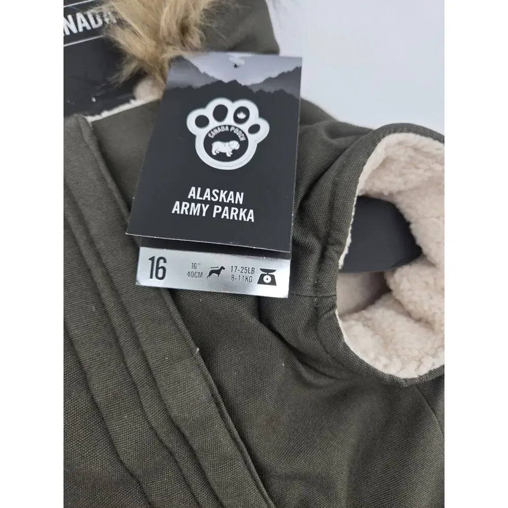 Canada Pooch Faux Fur Trim Sherpa Alaska Parka Army Green Dog Jacket Sz 16 NEW